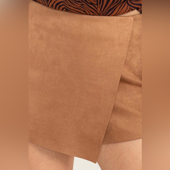 Brown Wrap Effect Faux Suede Skort - Picture 5 of 8